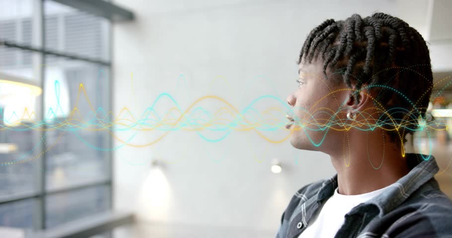 Man speaking softly near glass window, initiating waveform pulsing across window in audio tech demo. Abstract, multimedia, futuristic, professional, urban, intricate, dynamic