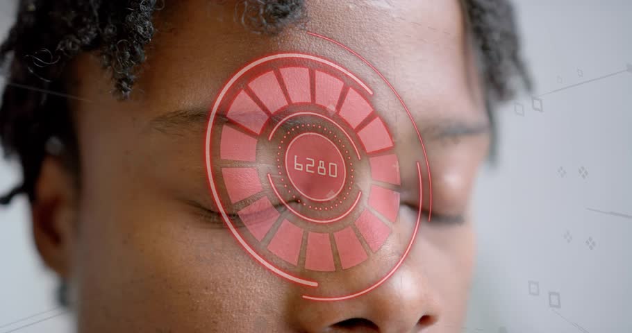 Interface appearing over right eye starting holographic biometric scan as man opening for ID check. Futuristic, biometric, technology, interface, facial recognition, holographic, innovation