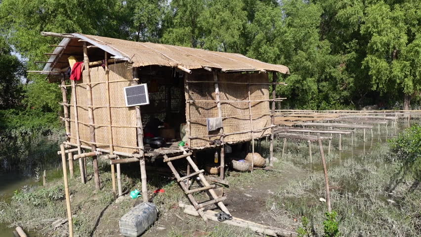 A view of fish drying on bamboo mats in front of the temporary residence of fishermen who have come to fish temporarily in Dublar Char.