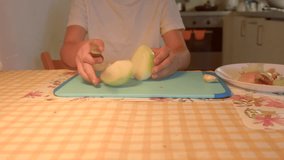 In this cooking video, a skilled chef showcases food preparation. It features precise knife skills while cutting an onion and an apple, inspiring home cooking - Powered by Shutterstock - Get 15% off with code: PIKWIZARD15