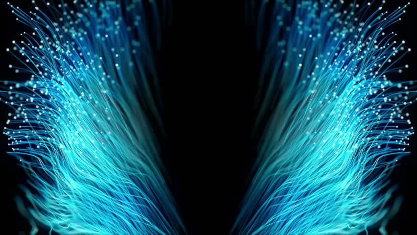 Symmetrical blue fiber‑optic wings curve inward, leaving deep center copy space. Ideal for titles, logos, and high‑tech visuals.