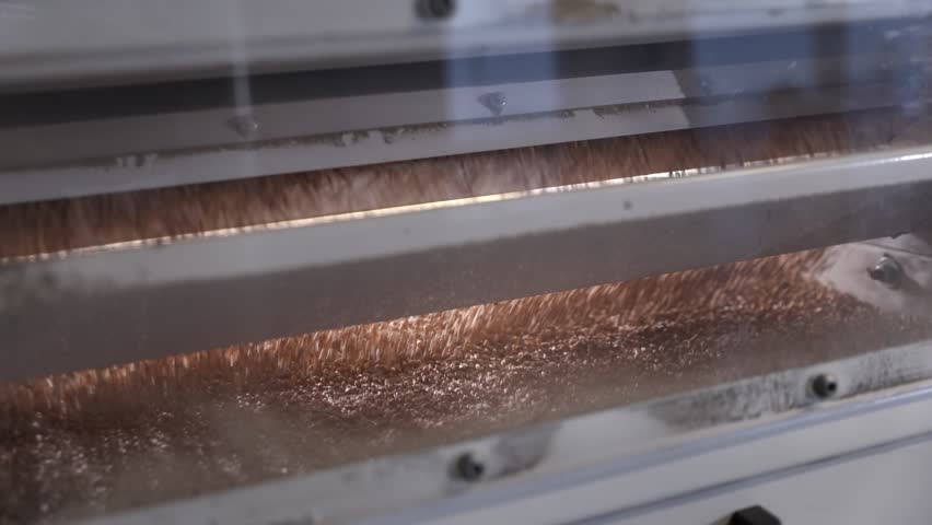 Wheat grains pour down onto platform after sorting operation in modern mill