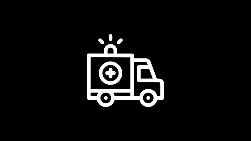A white ambulance icon is displayed against a black background, representing emergency medical services and healthcare.