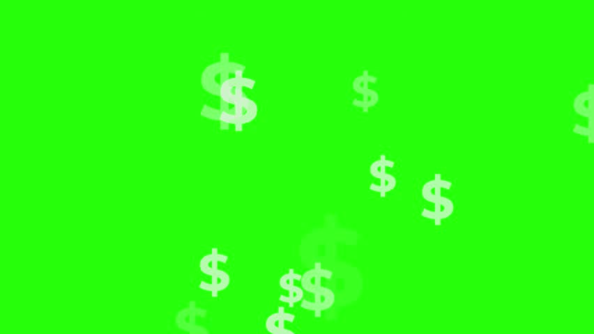 Abstract animation with flying US dollar signs. Multiple white American dollar symbols floating on green screen chroma key background