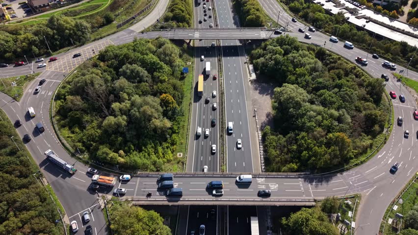 Aerial video above M4 Motorway at junction 12 Reading, UK