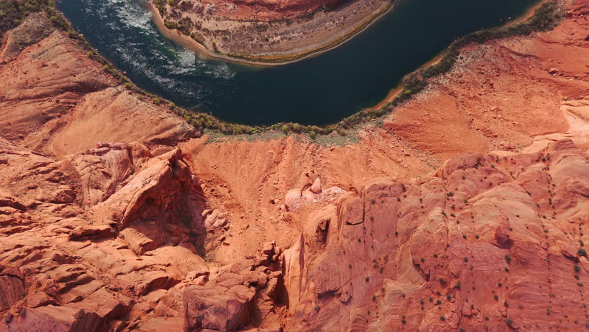 River Bend Close Up with Red Cliffs Aerial View