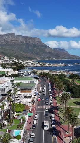 Camps Bay Beach At Cape Town In Western Cape South Africa. Table Mountain Landmark. Downtown Buildings. Cape Town At Western Cape South Africa. Tourism Travel. Coast City Skyline.