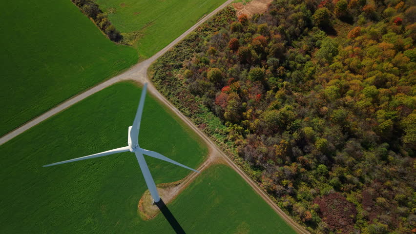 Aerial top view of a wind turbine standing between a green field and autumn forest on a sunny day. High quality 4k footage