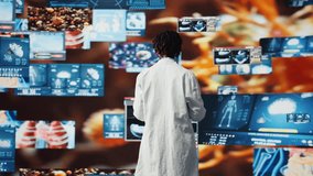 Doctor excited to share latest neurology research innovations to audience, showing human organs. Female scientist pleased to show futuristic xray scans during key note presentation, camera A - Powered by Shutterstock - Get 15% off with code: PIKWIZARD15