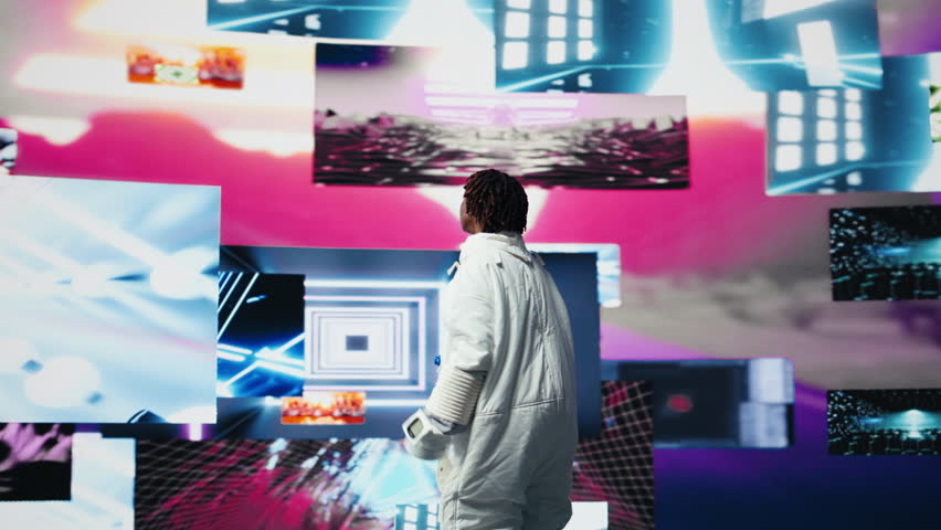 Happy astronaut in futuristic space suit doing dance moves against vibrant cosmic visuals backdrop. Playful african american woman dancing, having fun during space exploration, camera A - Powered by Shutterstock - Get 15% off with code: PIKWIZARD15