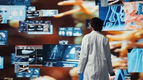 Smiling healthcare researcher mesmerized by futuristic medical data visualizations, working on disease prevention research. Scientist awed by high tech patient scans on digital interface, camera A - Powered by Shutterstock - Get 15% off with code: PIKWIZARD15