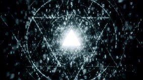 Dark Black Digital Tunnel with Floating Binary Numbers, Glowing Triangles, Cybersecurity, Hacker Data Stream, Futuristic Seamless Loop Animation. 3D Illustration - Powered by Shutterstock - Get 15% off with code: PIKWIZARD15