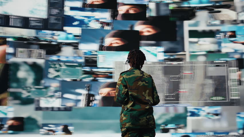Military commander in war communicating enemy activity to troops, following them using videowall. Military dispatcher wearing headset speaking about enemy threats seen on digital display, camera A