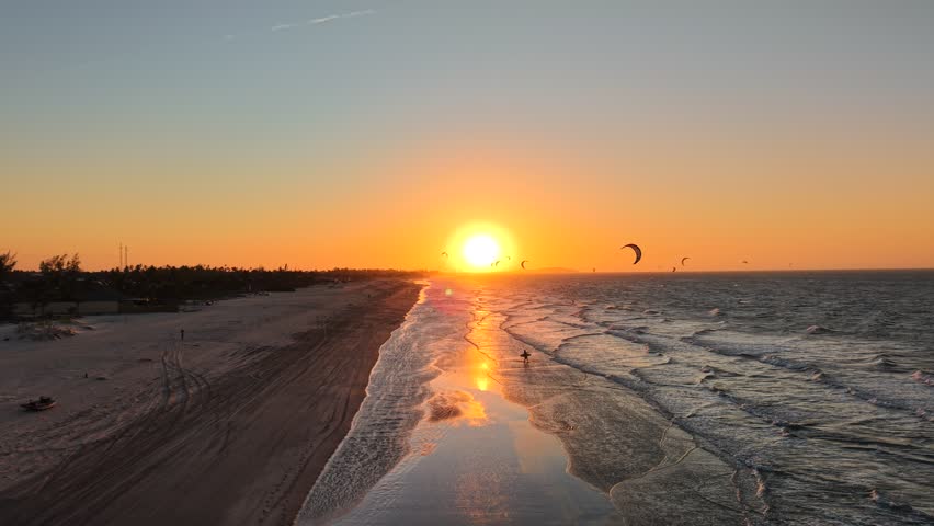 Aerial view of sunset at Preá Beach, near Jericoacoara Village - Cruz, Ceará, Brazil	