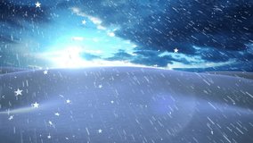 Sun cresting horizon starting snow descending and star flakes drifting showing dawn snowfall. Winter, snowfall, landscape, serenity, minimalism, nature, cold - Powered by Shutterstock - Get 15% off with code: PIKWIZARD15