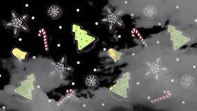 After red wash fading, Christmas icons drifting over animated backdrop, greeting message appearing. Festive, celebration, holiday, seasonal, cheerful, whimsical, cartoon - Powered by Shutterstock - Get 15% off with code: PIKWIZARD15