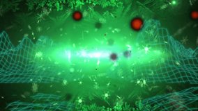 Green glow sparking red embers drifting, pulsing wireframe grid, snowflakes evoking winter ambience. Futuristic, festive, digital, abstract, immersive, seasonal, glowing - Powered by Shutterstock - Get 15% off with code: PIKWIZARD15