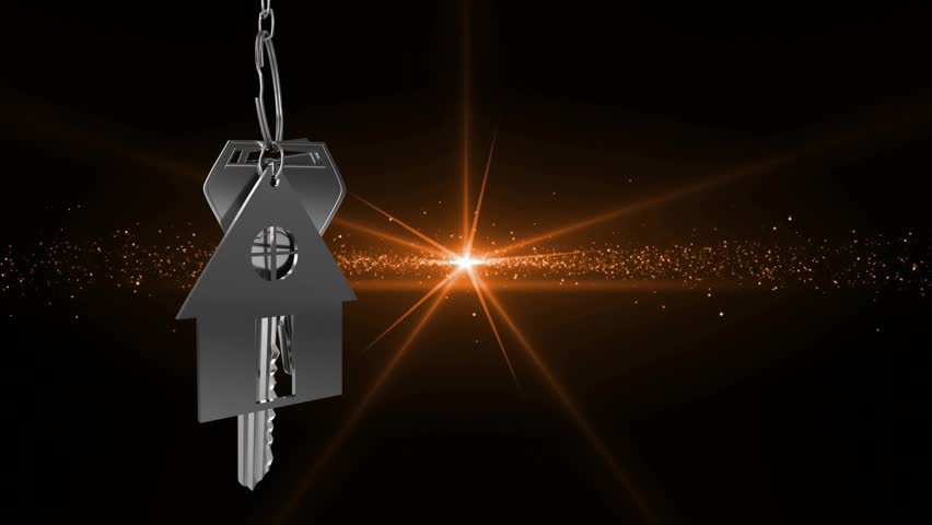 Descending metallic house-shaped keychain and keys rotating, showcasing front and back view in 3D. Accessories, jewelry, technological, innovation, luxury, elegance, abstract - Powered by Shutterstock - Get 15% off with code: PIKWIZARD15