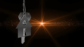Descending metallic house-shaped keychain and keys rotating, showcasing front and back view in 3D. Accessories, jewelry, technological, innovation, luxury, elegance, abstract - Powered by Shutterstock - Get 15% off with code: PIKWIZARD15