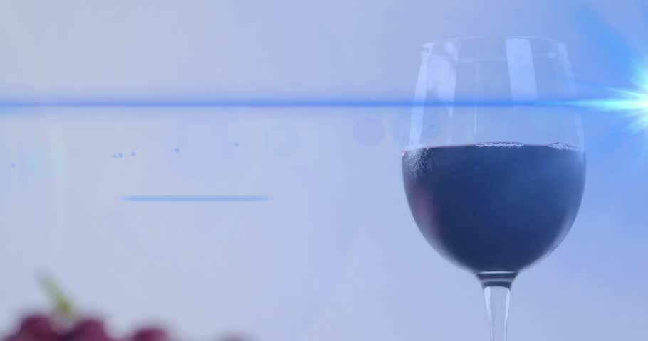 blue light streak sweeping, initiating grapes coming into focus while glass softening for marketing. Luxury, elegance, still life, minimalism, sophistication, high definition, commercial