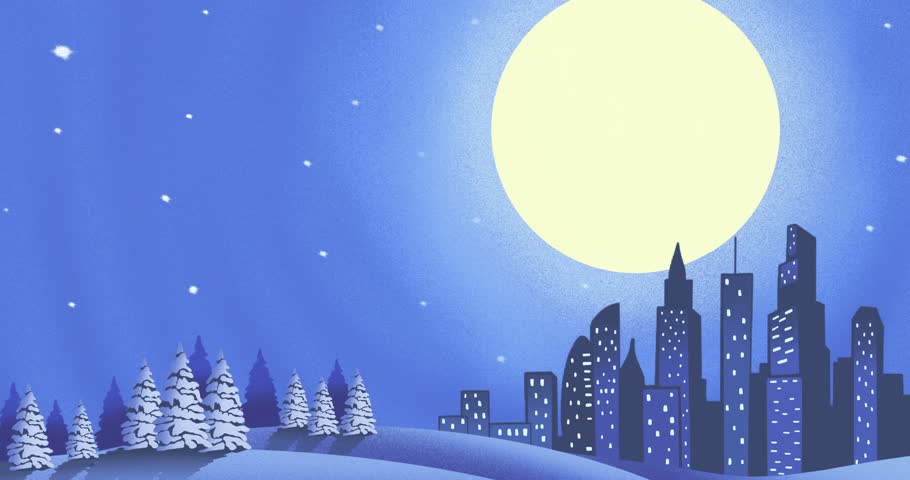 Reindeer appearing by moon pulling sleigh, board rising rotating revealing blank space for message. Winter, festive, nocturnal, luminous, tranquil, holiday, landscape