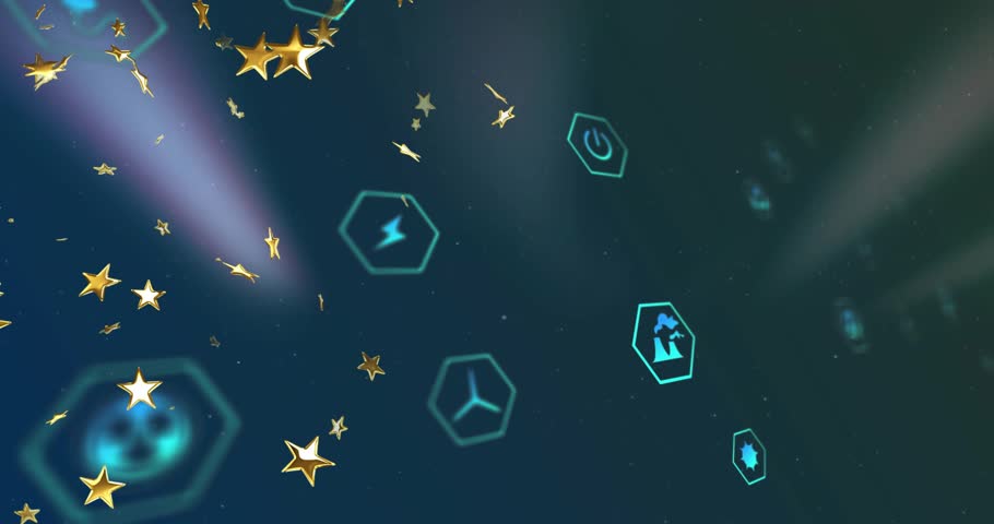 At start teal beams, golden stars drifting outward, cyan hexagons aligning showing energy flow. Futuristic, technology, digital, innovation, dynamic, abstract, eco-friendly