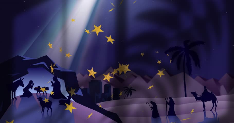 Beam from sky guiding kneeling parents and pilgrims while swirling stars honoring infant in manger. Spiritual, reverent, majestic, celestial, sacred, nighttime, allegorical