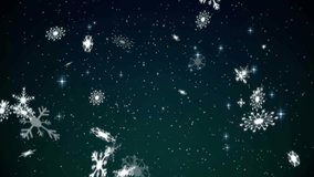 Snowflakes drifting into view across starry teal-to-navy sky creating swirling snowfall effect. Winter, celestial, pattern, serenity, animation, nightscape, seasonal - Powered by Shutterstock - Get 15% off with code: PIKWIZARD15