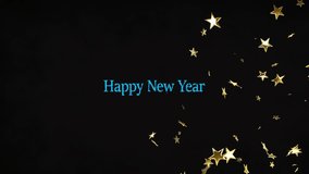 Opening void showing blue glitter Happy New Year text, gold stars drifting, teal bursts exploding. Celebration, festivity, sparkling, illumination, digital, abstract, motion - Powered by Shutterstock - Get 15% off with code: PIKWIZARD15