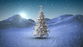 Snowflakes drifting over hills with Christmas tree twinkling and signboard sliding for holiday card. Winter, holiday, festivity, serenity, landscape, celebration, seasonal - Powered by Shutterstock - Get 15% off with code: PIKWIZARD15