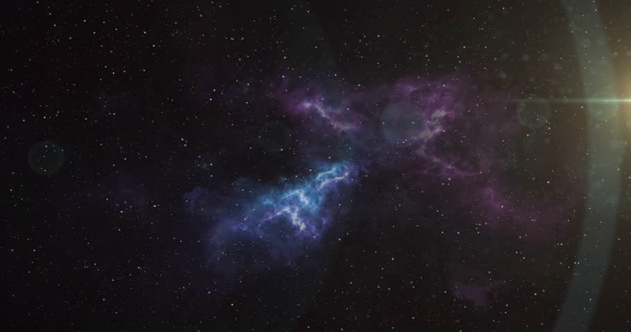 Bright white star entering from right sweeping lens flare, nebula glow intensifying showing detail. Celestial, cosmic, astronomical, vibrant, mystery, exploration, sci-fi