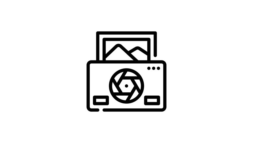 Black and white camera icon with mountain backdrop suitable for photography or adventurerelated designs. Wilderness photography, adventure blog, camera app.