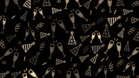 New year festive pattern with champagne glasses, party hats, and confetti on a black background. Suitable for party invitations and holiday designs. New year seamless pattern background loop animation - Powered by Shutterstock - Get 15% off with code: PIKWIZARD15