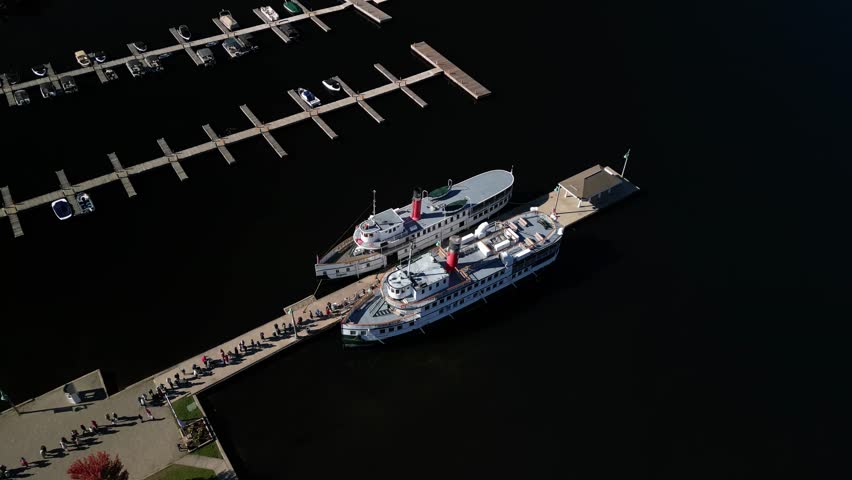 Aerial looking down on Segwun steamship in Gravenhurst Ontario Canada