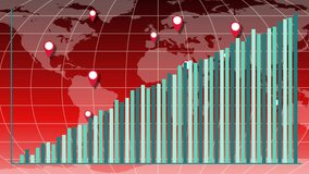 Turquoise bar graph rises over red world map with location markers, smooth digital animation. - Powered by Shutterstock - Get 15% off with code: PIKWIZARD15
