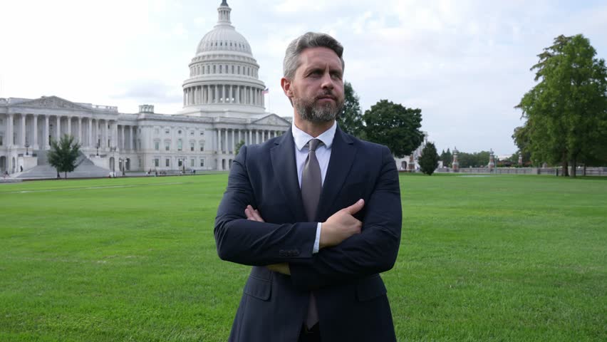 Successful political leader. Politician at Capitol. Lobbyist man in suit. Politician election campaign. Successful career in USA. Leadership and success. Businessman front of US Capitol