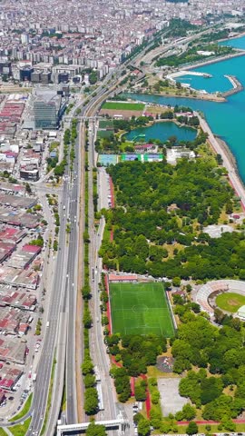 Vertical video. Samsun, Turkey. Panorama of the city and coast from a drone on a summer day. Aerial View. Rich colors
