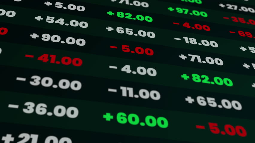 A clear motion graphic featuring multiple lines of scrolling stock market data and financial quotes in vibrant green and red.
