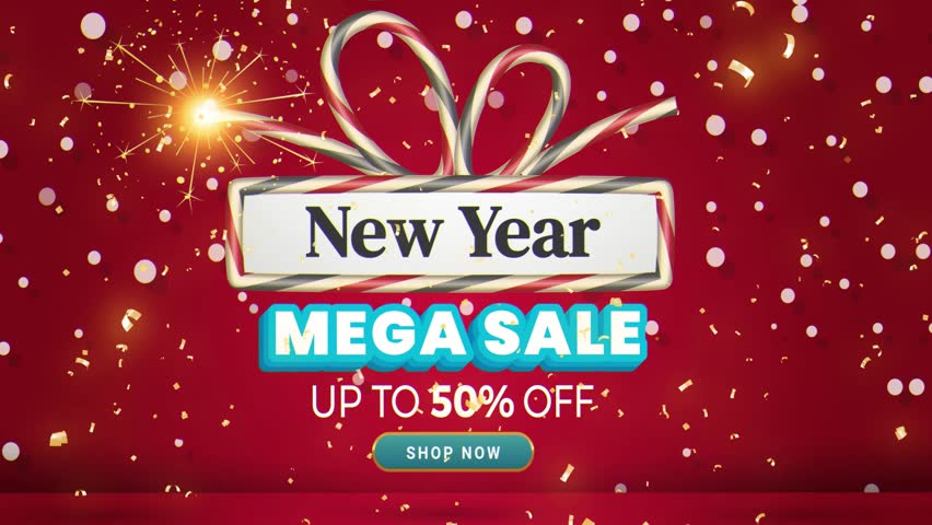 new year mega sale motion graphic banner with snow effect background