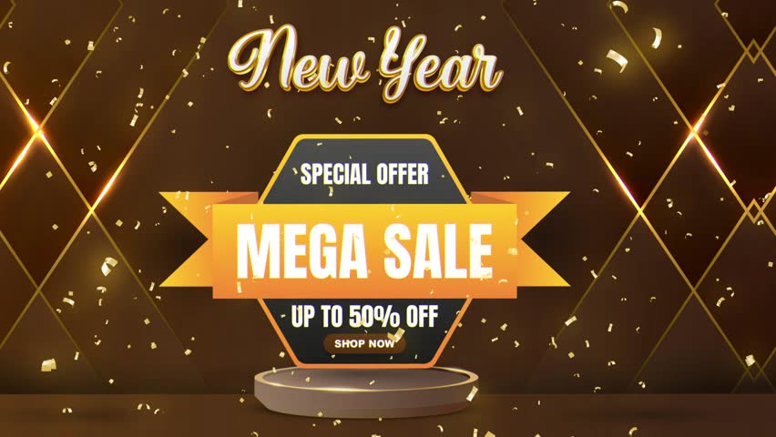 new year mega sale motion graphic banner with shiny golden sparkle background