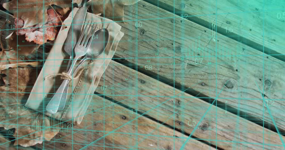 Grid fading spawning magenta bars growing then dropping, white line tracing data trend over cutlery. Infographics, analytics, data visualization, rustic, outdoor, seasonal, business