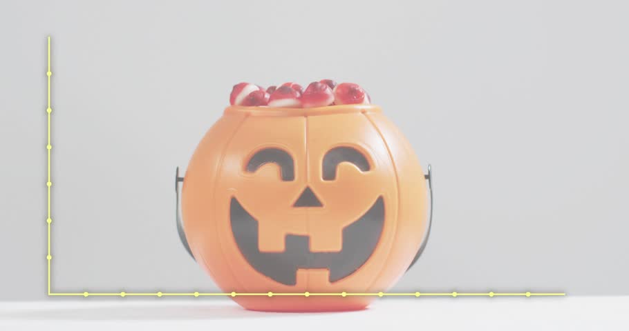 Opening with pumpkin bucket static, purple bars emerging fluctuating collapsing visualizing trends. Data visualization, bar graph, infographic, analytics, seasonal display, colorful, minimalistic