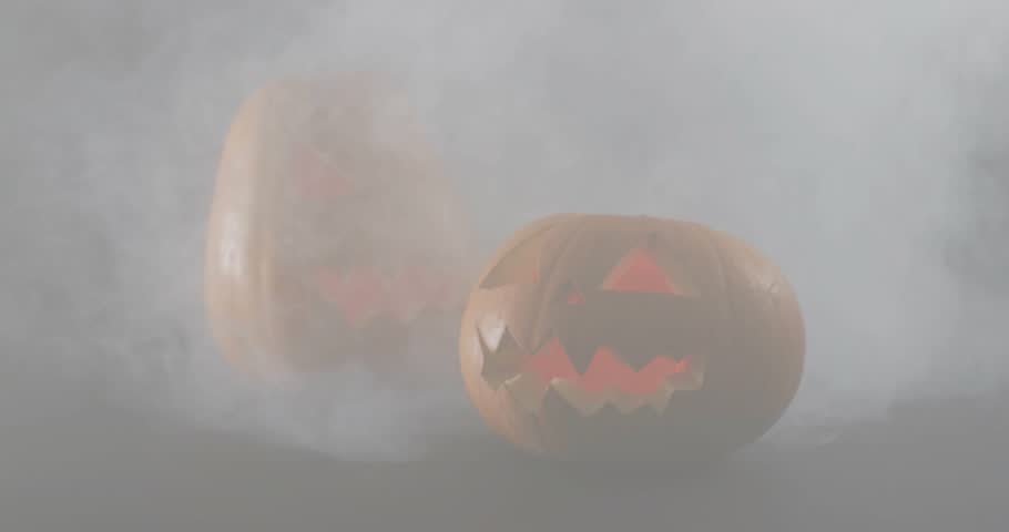 After 1s neon-blue helix sliding, receding around pumpkin,gourd in fog with drifting teal particles. Halloween, atmosphere, neon, science, mystery, digital, foggy