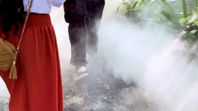 Woman in red dress walks through dense fog on sunlit garden path, handheld camera movement - Powered by Shutterstock - Get 15% off with code: PIKWIZARD15