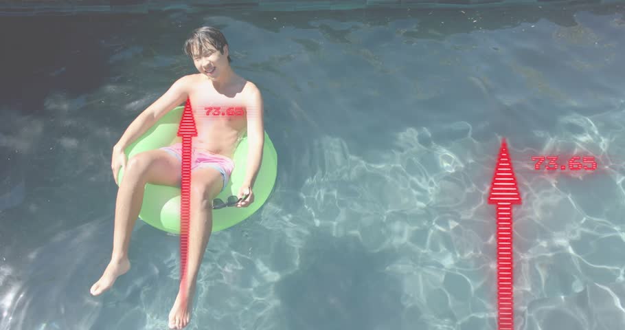 Red arrow fading triggers man floating on tube scanning arrows in analytics to monitor depth. Measurement, relaxation, leisure, aquatic, summer, tranquil, reflective