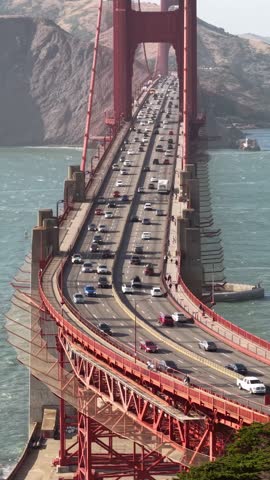 Golden Gate bridge, Vertical Drone View if Busy Traffic, San Francisco, California USA
