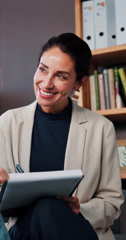 Therapist, counseling and woman with smile, documents and evaluation with recovery support. Person, mental health and psychologist in office, positive feedback and checklist with assessment and notes