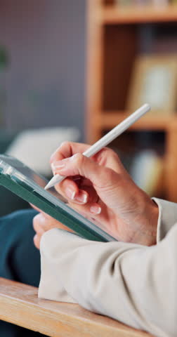 Person, therapist and hands writing with tablet for digital notes, reminder or schedule planning. Closeup, psychiatrist or agenda with technology or pen for therapy consultation or online appointment