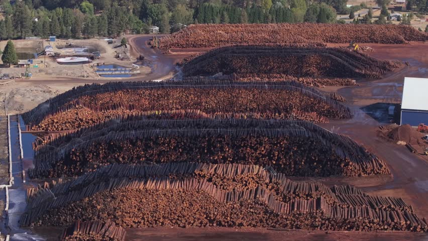 Aerial view of vast lumber yard at California sawmill, industrial setting