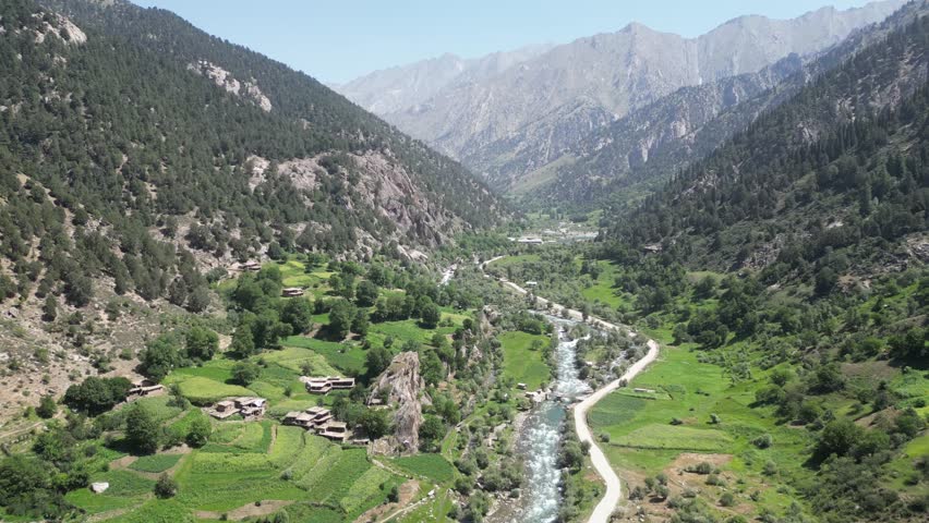 Aerial View of Scenic Landscape in Mountains of Afghanistan, River and Valley in Eastern Province Near Pakistan Border